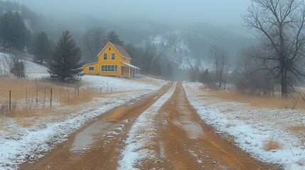 a yellow house sitting on the side of a dirt road in the middle of a field with snow on the ground.