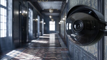 A 3D rendering showing the view of a security camera targeting a detected intrusion