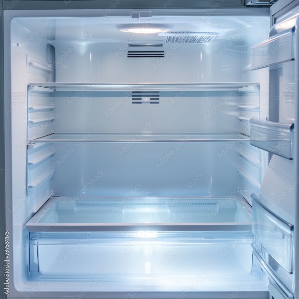 Poster an image of an empty refrigerator with the door left open. suitable for illustrating food waste, ene