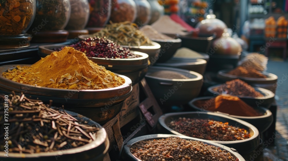 Poster A collection of bowls filled with various types of spices. Perfect for adding flavor and aroma to culinary creations.
