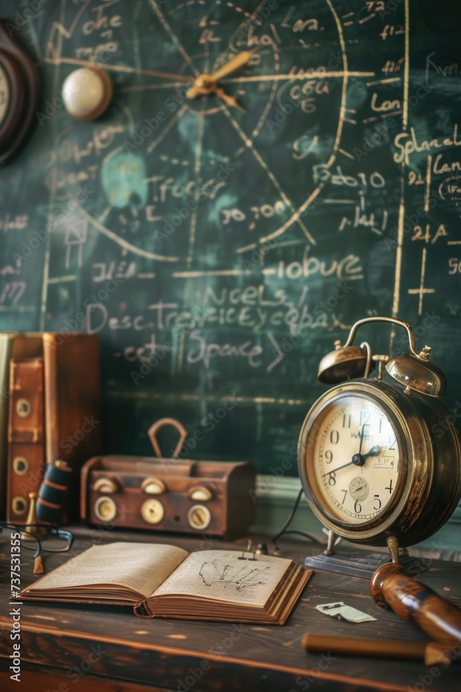 Poster a clock sitting on top of a wooden table. suitable for time management concepts