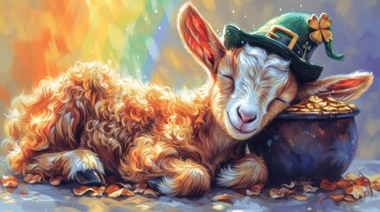 a painting of a goat with a hat on it's head laying next to a pot of gold coins.