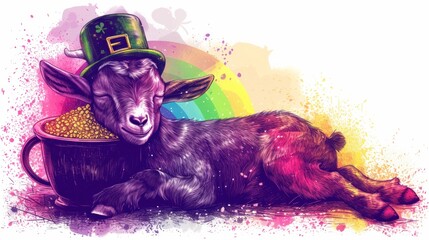 a painting of a goat laying on its side next to a pot of gold with a rainbow in the background.