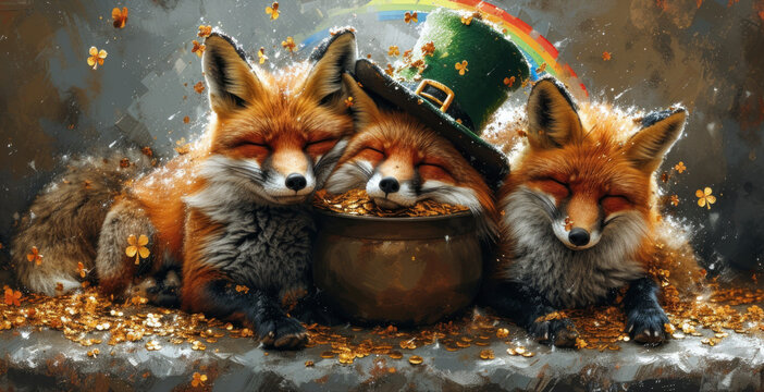 a painting of two foxes eating out of a bowl with a leprechaun hat on top of it.