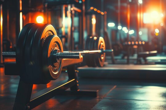 A close up view of a barbell in a gym. Perfect for fitness and strength training concepts