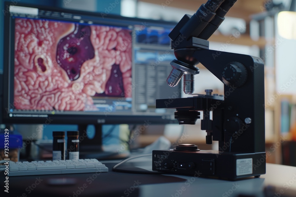 Aufkleber A microscope is seen positioned next to a computer monitor. This image can be used to depict scientific research, technology, or the connection between science and computer technology