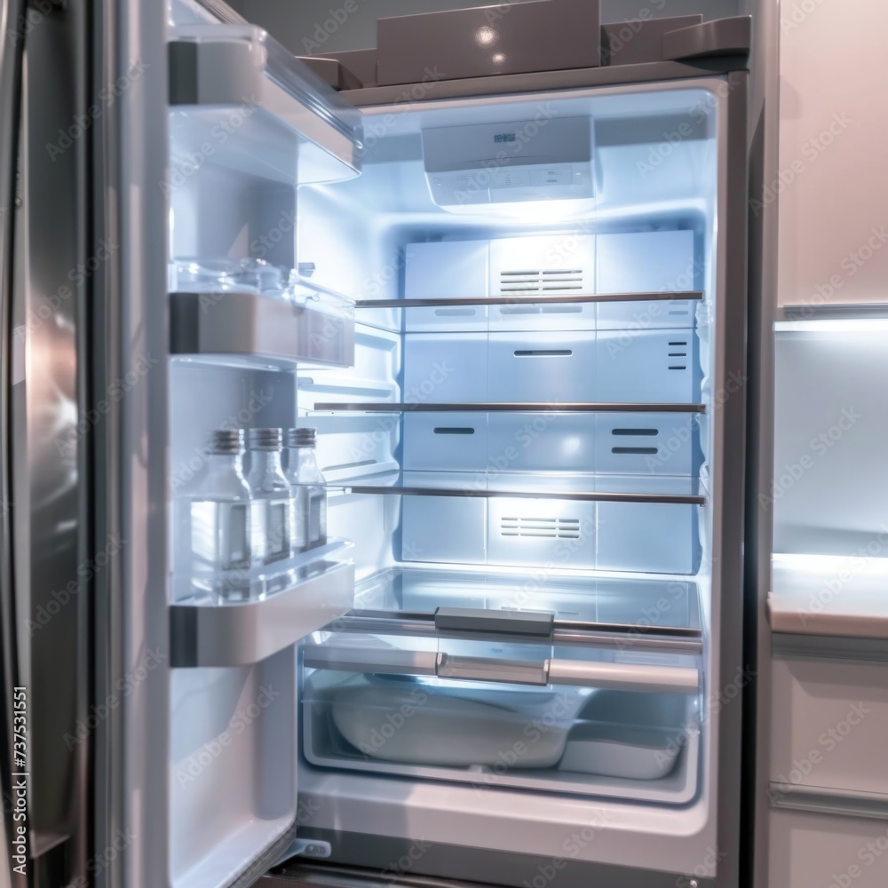 Poster a view inside an open refrigerator filled with a variety of food. this image can be used to depict a