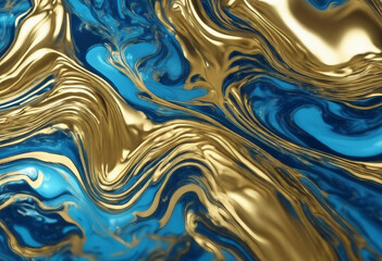 Fluid Art Liquid Metallic Gold in abstract blue wave Marble effect background or texture