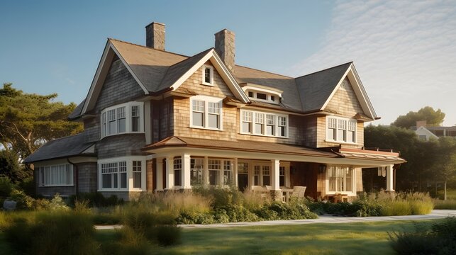 shingle exterior house design, shingle style, house, exterior design photography,golden hour, daytime, 4k, hyperrealistic