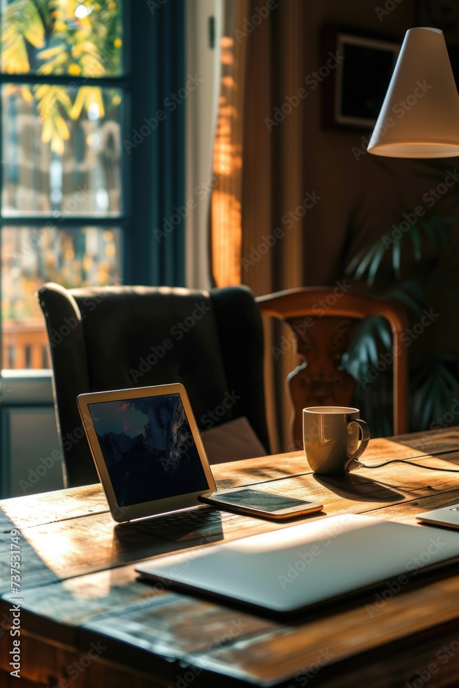 Poster a laptop computer placed on a wooden table. suitable for technology-related designs and workspaces