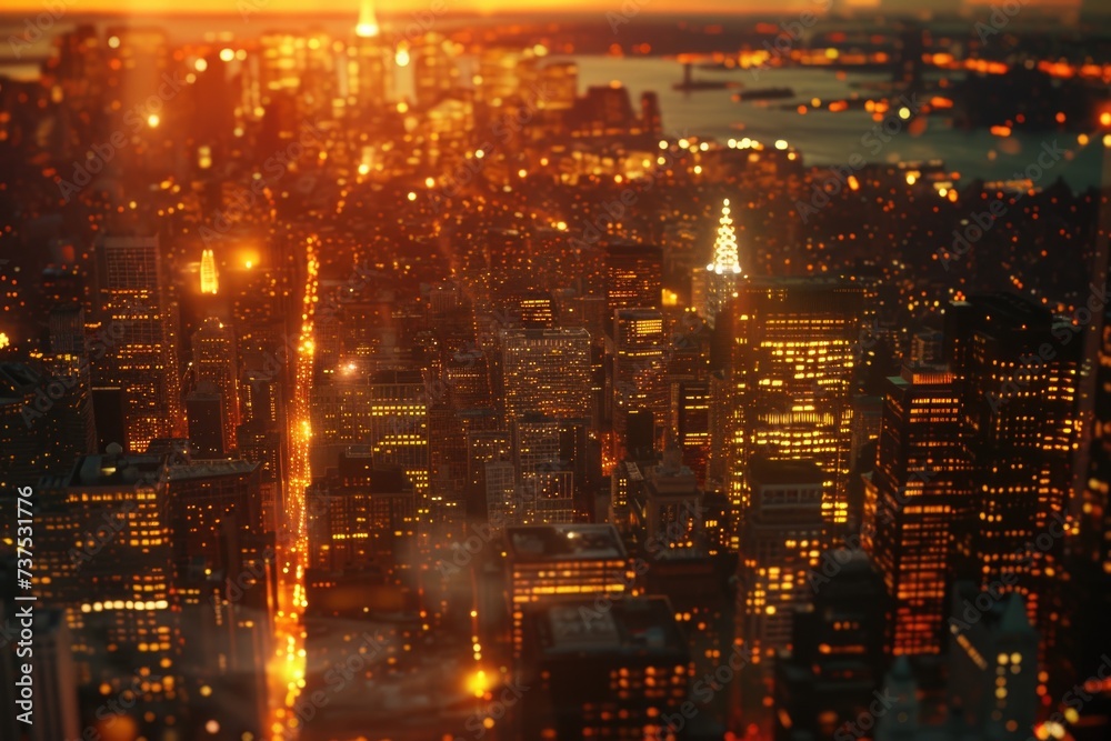 Poster a stunning view of a city at sunset, captured from the top of a building. this image can be used to 