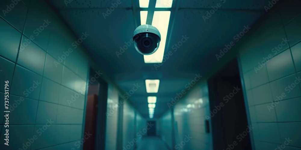 Poster a long hallway with a camera mounted on the ceiling. perfect for surveillance or security concepts