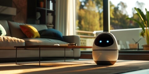 A robot sitting on the floor in front of a couch. Suitable for technology-related articles or blogs - obrazy, fototapety, plakaty