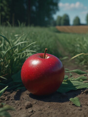 Red Apple Sitting on Dirt Ground with Grass Outside