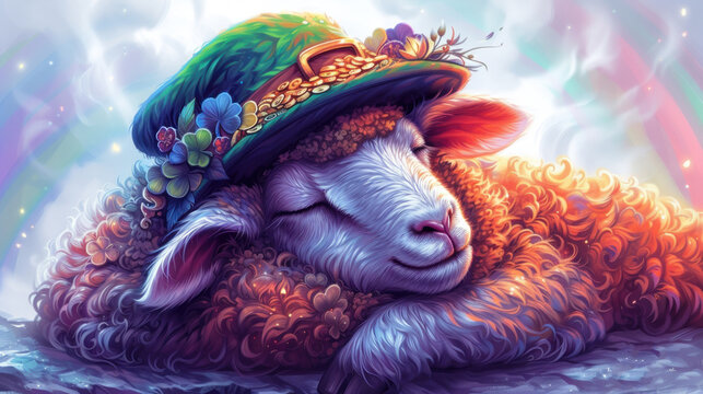 a painting of a sheep with a hat on it's head and a rainbow colored sky in the background.