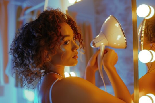 A Woman Blow Drying Her Hair In Front Of A Mirror. Ideal For Beauty And Personal Care Related Projects