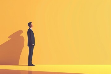 A man dressed in a suit standing confidently in front of a vibrant yellow wall. Suitable for business, fashion, or lifestyle-related projects