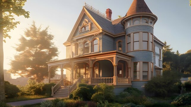 queen anne exterior house design, queen anne style, house, exterior design photography, golden hour, daytime, 4k, hyperrealistic