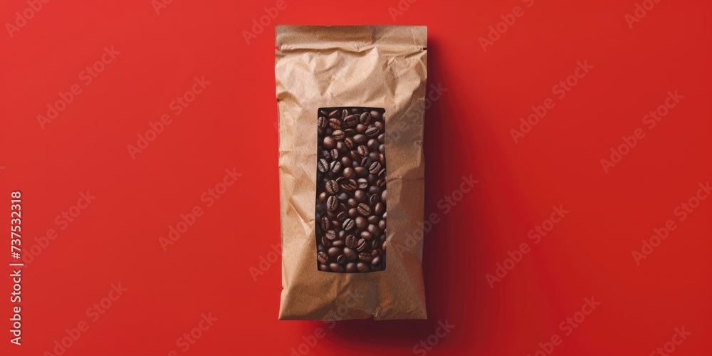 Poster a bag of coffee beans on a vibrant red background. this image can be used to showcase the freshness 