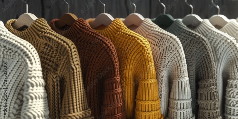 Poster A row of sweaters hanging on a rack. Perfect for showcasing different styles and colors of sweaters.