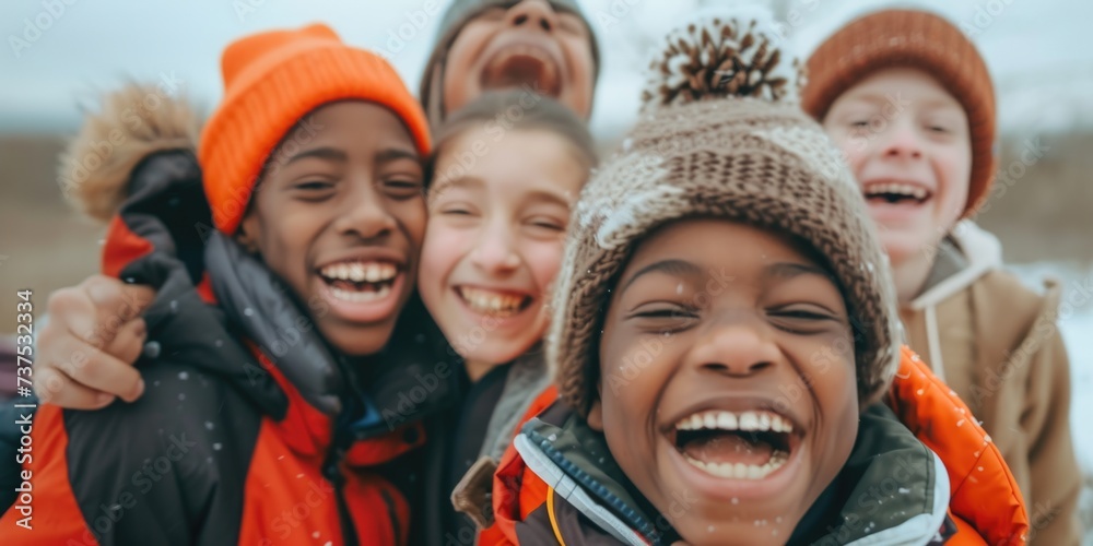 Poster a group of young children standing next to each other. suitable for various contexts