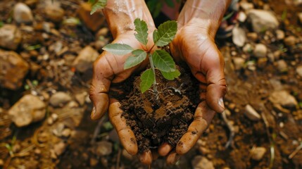 man planting a tree in the ground with the tree in his hand
