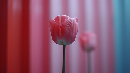 two pink tulips in front of a red and blue striped wall with a pink curtain in the background.