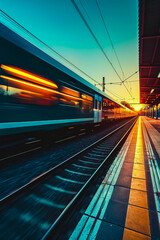 High speed train in motion on the railway station at sunset. Fast moving modern passenger train on railway platform. Railroad with motion blur effect. Commercial transportation. Blurred background. - obrazy, fototapety, plakaty