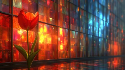 a single red tulip in front of a multicolored wall with a reflection of the light coming through it.
