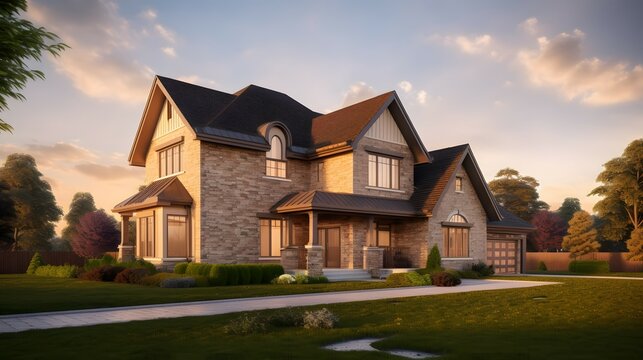 mcmansion exterior house design, mcmansion style, house, exterior design photography, golden hour, daytime, 4k, hyperrealistic