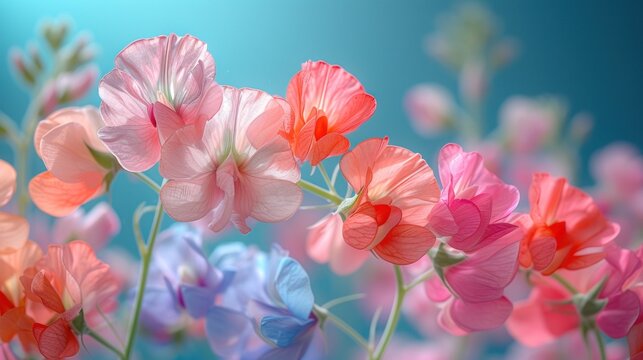 a bunch of pink, blue, and red flowers are in the foreground with a blue sky in the background.