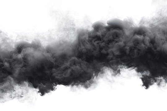 Black smoke billowing from a white background. Suitable for use in concepts related to pollution, environmental issues, fire, disaster, or dramatic effects in design projects