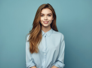 Happy Young Girl in Blue Shirt with Vibrant Blue Background