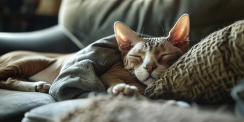 A cat peacefully sleeping on top of a pillow on a couch. This cozy image can be used to depict relaxation and tranquility