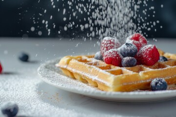 Delicious cinnamon waffles with blueberries and raspberries in the kitchen
