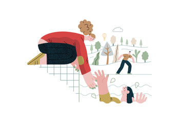 Mutual Support: Save a drowning person -modern flat vector concept illustration of woman reaching out to drowning woman A metaphor of voluntary, collaborative exchanges of resource, services