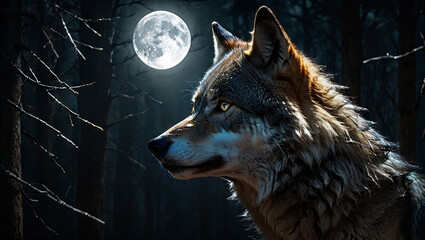 Night Time in Forest Full Moon with Profile of Wolf