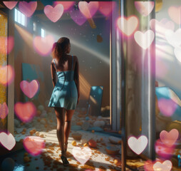 Woman in Blue Dress Walking in a Room with Heart Shaped Bokeh Dreamy Effect
