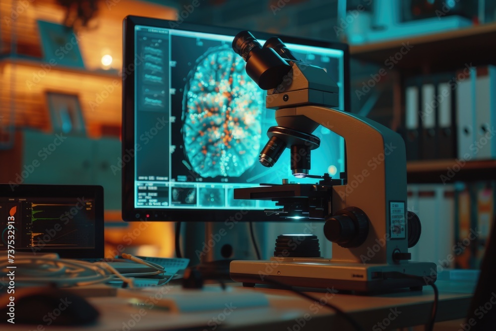 Aufkleber A microscope is positioned on top of a desk next to a computer. This image can be used to depict scientific research, laboratory work, or education