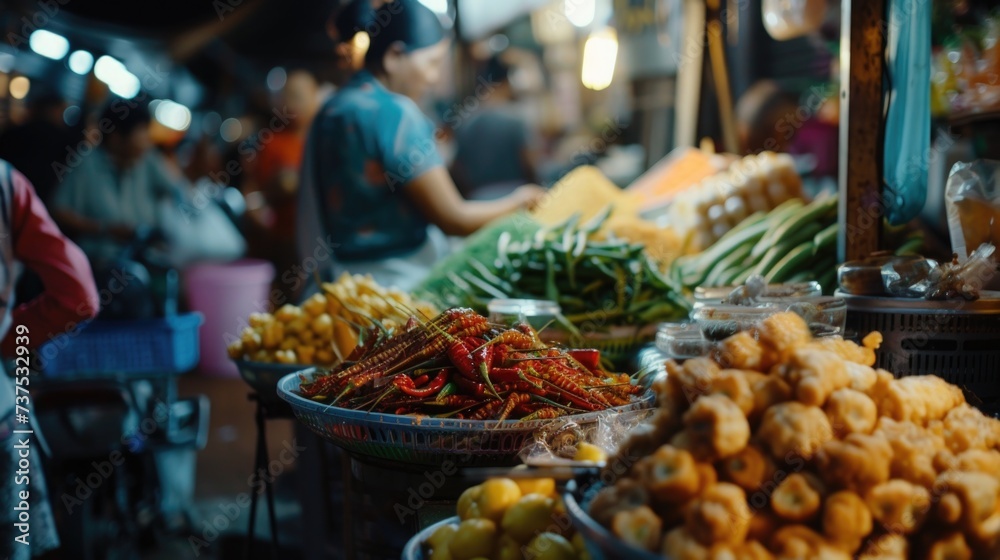 Poster A bustling market filled with an array of different types of food. Perfect for food enthusiasts and those looking for a diverse culinary experience