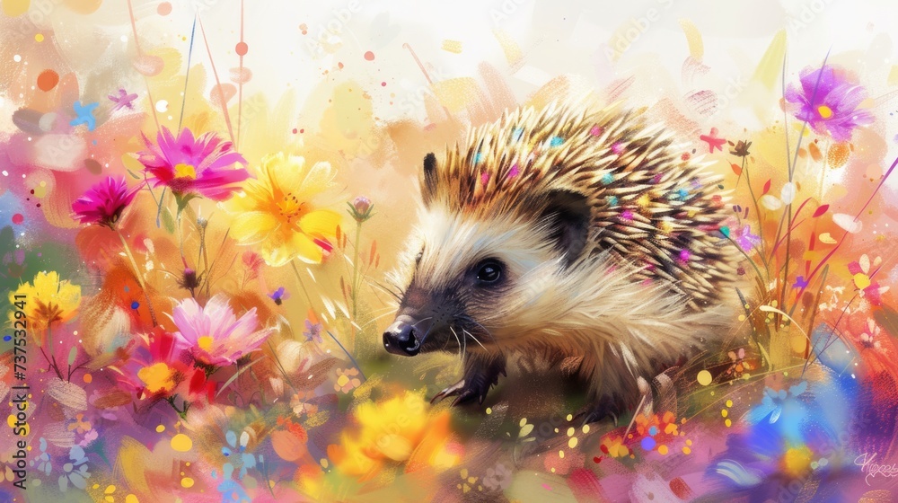 Poster a beautiful painting depicting a vibrant hedge in a field of colorful flowers. perfect for adding a 
