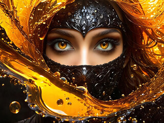 Woman with Pretty Amber Eyes in Black Veil and Swirling Amber Liquid Abstract