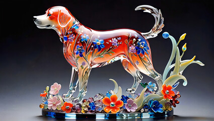Glass Blown Dog Statue with Flowers on Stand with Basic Gradient Background