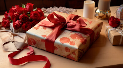 A gift-wrapped box, its red ribbon a vibrant contrast against surrounding roses, symbolizes celebration and deep affection, marking a moment of special connection.