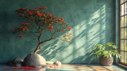 Poster a painting of a bonsai tree in a corner of a room with a potted plant next to it. © Shanti