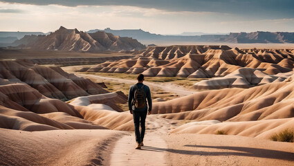 Man Wearing a Backpack Walking a Path in a Desert Barren Lands Background Wallpaper