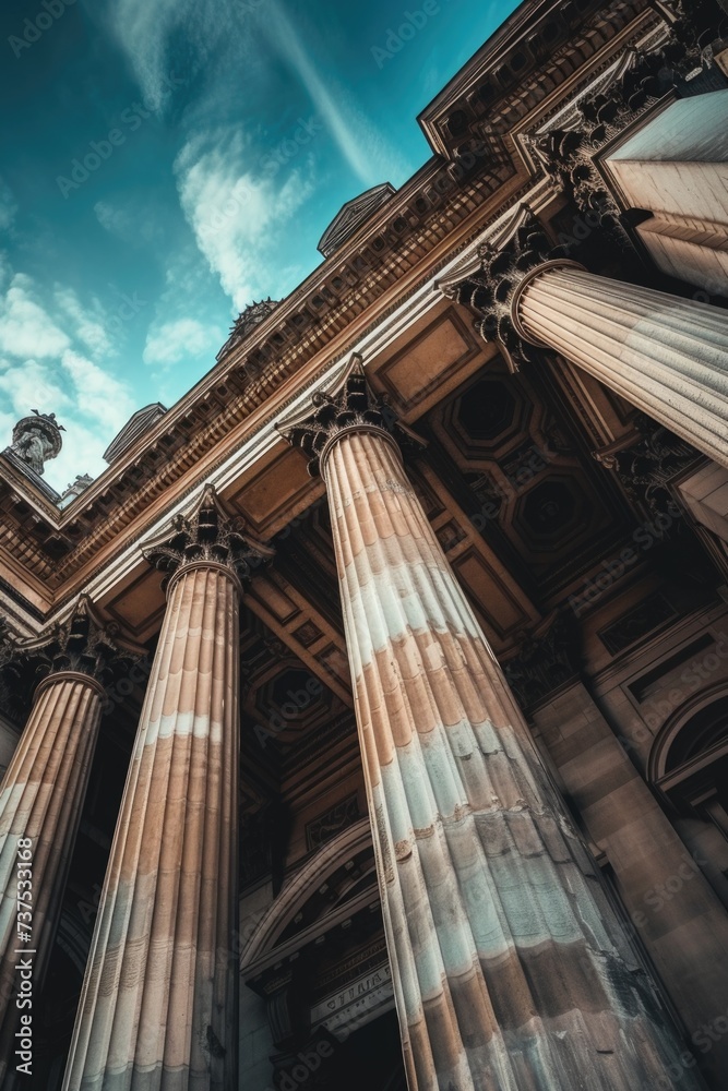 Poster A building with columns and a clock on top. Can be used to depict a historic landmark or as a symbol of time and punctuality