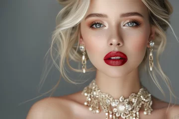 Foto op Plexiglas Blonde woman wearing fashionable jewelry and holiday inspired makeup poses as a bridal model with a wedding style in a studio shot against a grey b © The Big L