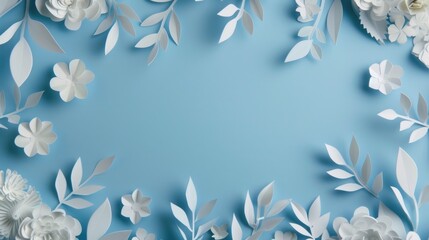 Blue background with paper flowers and leaves. Suitable for various creative projects and crafts