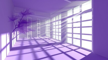 a purple room with a ladder and a vase with a plant in it and the sun shining through the windows.